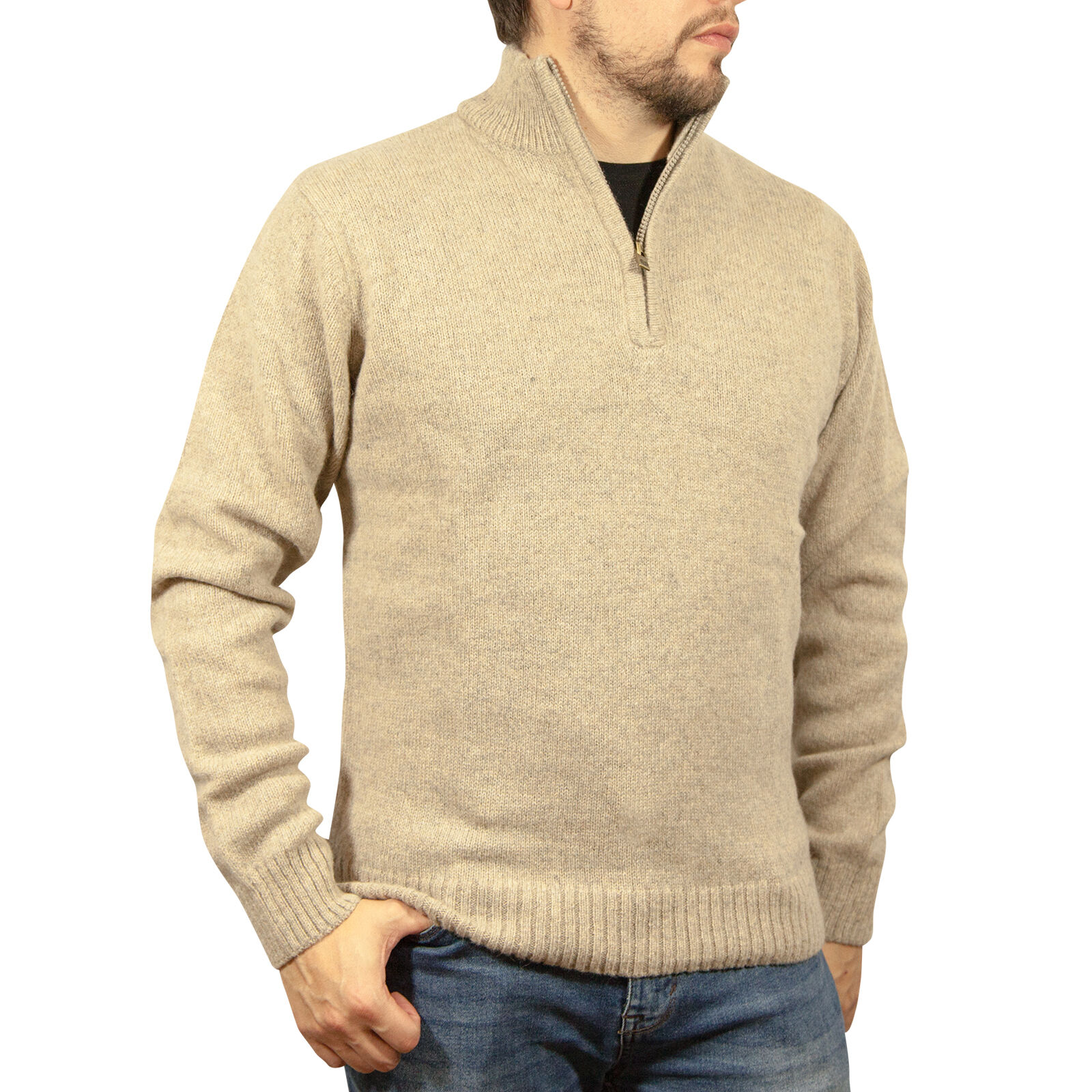 V563-SW-HZ-OATMARLE03-S-202507251055-00 100% SHETLAND RAGG WOOL Half Zip Up Knit JUMPER Pullover Mens Sweater Knitted - Oat Marle - S - Image 1