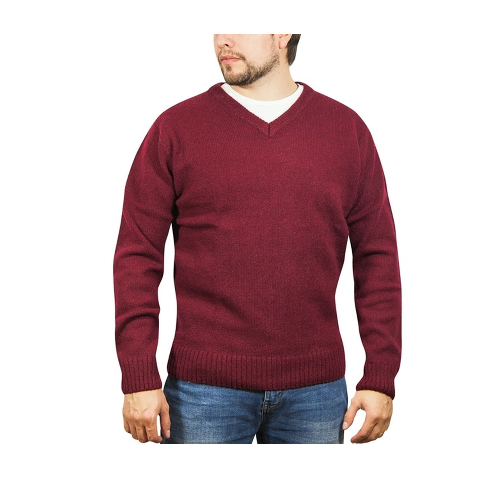 V563-SW-VN-BURG97-XL-202507251205-00 100% Shetland Ragg Wool V Neck Knit Jumper Pullover Mens Sweater Knitted - Burgundy - XL - Image 1