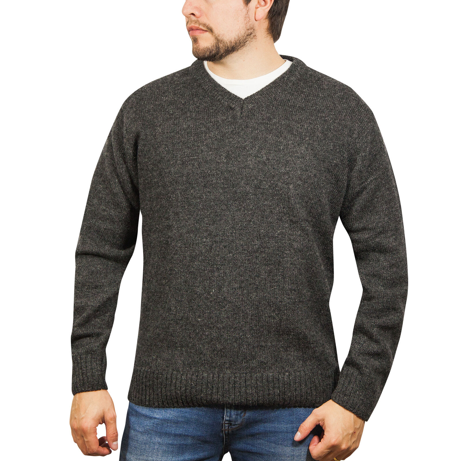 V563-SW-VN-CH29-XXL-202507251215-00 100% Shetland Ragg Wool V Neck Knit Jumper Pullover Mens Sweater Knitted - Charcoal - XXL - Image 1