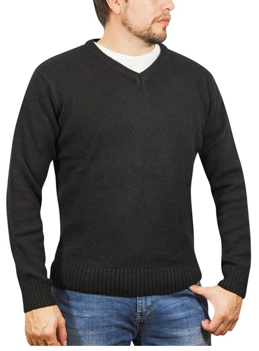 V563-SW-VN-FBK99B-XXL-202507251210-00 100% Shetland Ragg Wool V Neck Knit Jumper Pullover Mens Sweater Knitted - Plain Black - XXL - Image 1