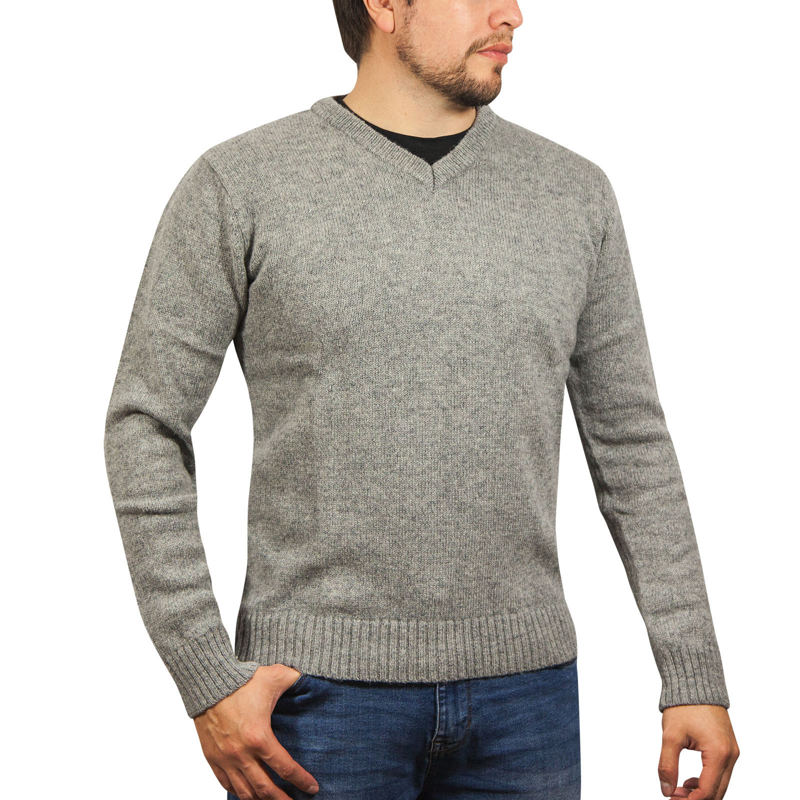 V563-SW-VN-GRY21-XXL-202507251230-00 100% Shetland Ragg Wool V Neck Knit Jumper Pullover Mens Sweater Knitted - Grey - XXL - Image 1