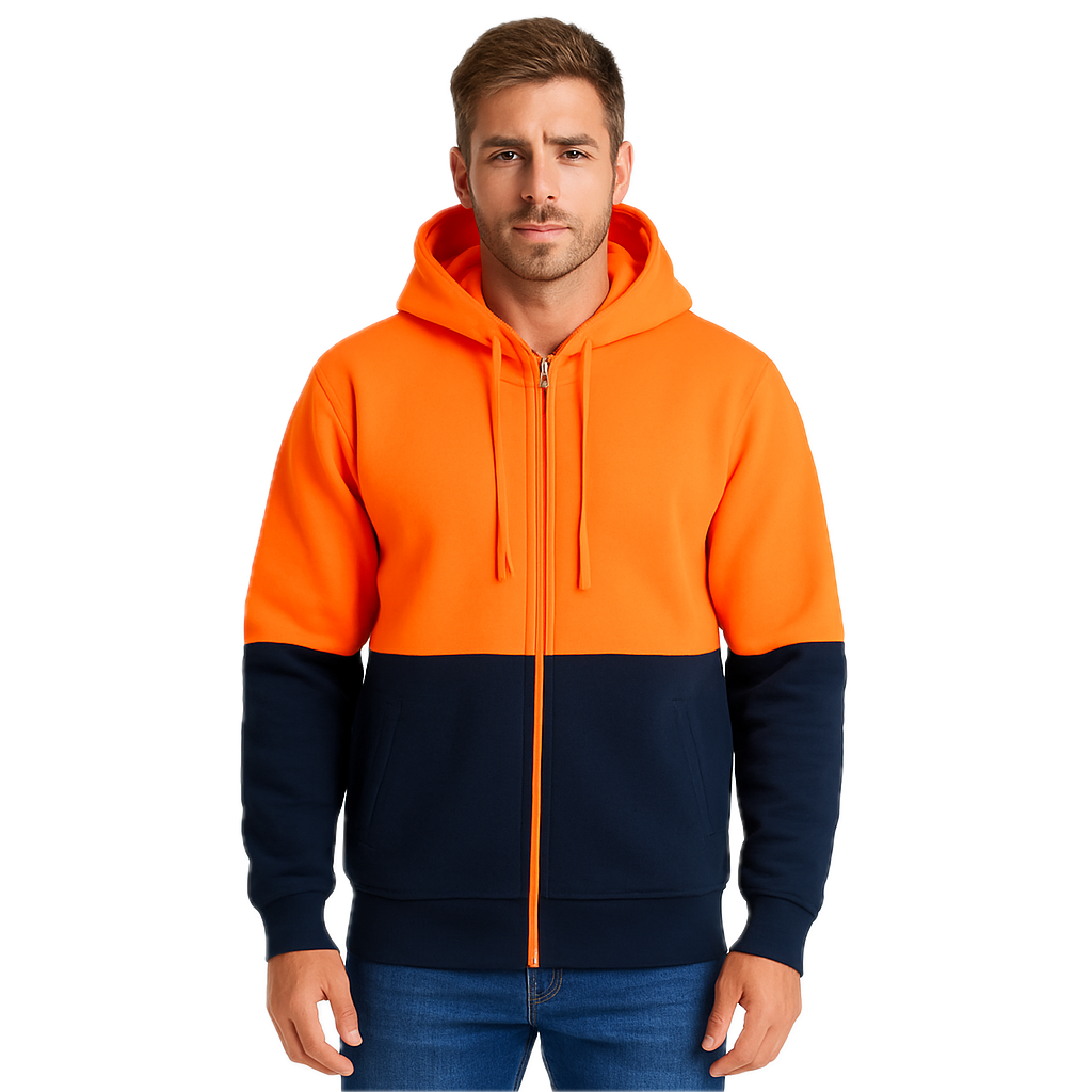 V563-UMW-9898-ORG_NVY-2XL-202507281322-00 HI VIS Jumper Full Zip Hoodie Safety Workwear Fleecy Fleece Jacket Hooded in Orange/Navy - 2XL - Image 1