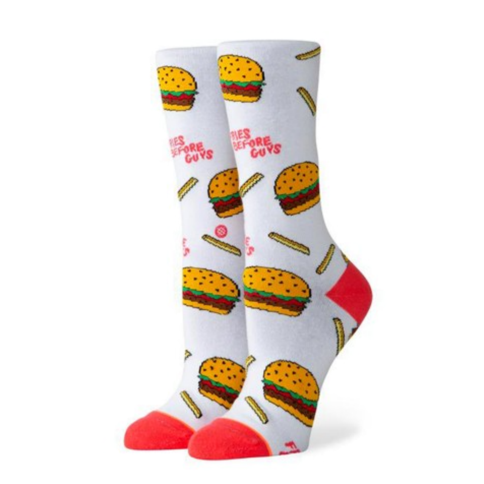 V563-W545D19FBG-WHT-M-174347-00 Stance ""Fries Before Guys"" Burger & Fries Crew Socks – Fun Food Print - M - Image 1