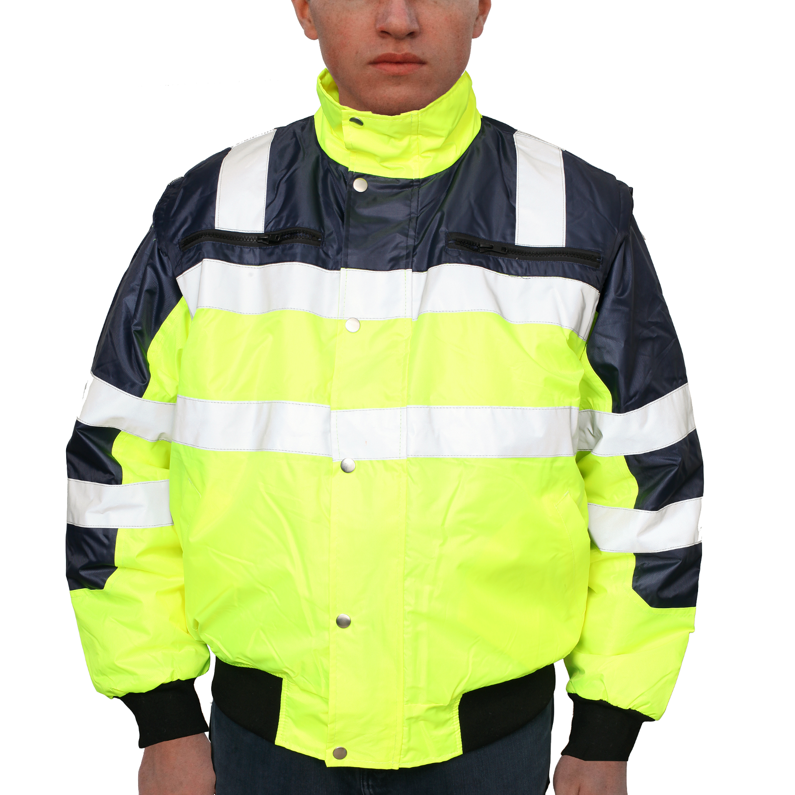 V563-WB-HIVISJKT-YLW-M-202503051841-00 3-in-1 Hi Vis Quilted Safety Bomber Jacket Waterproof Reflective Workwear - Yellow/Navy - M - Image 1