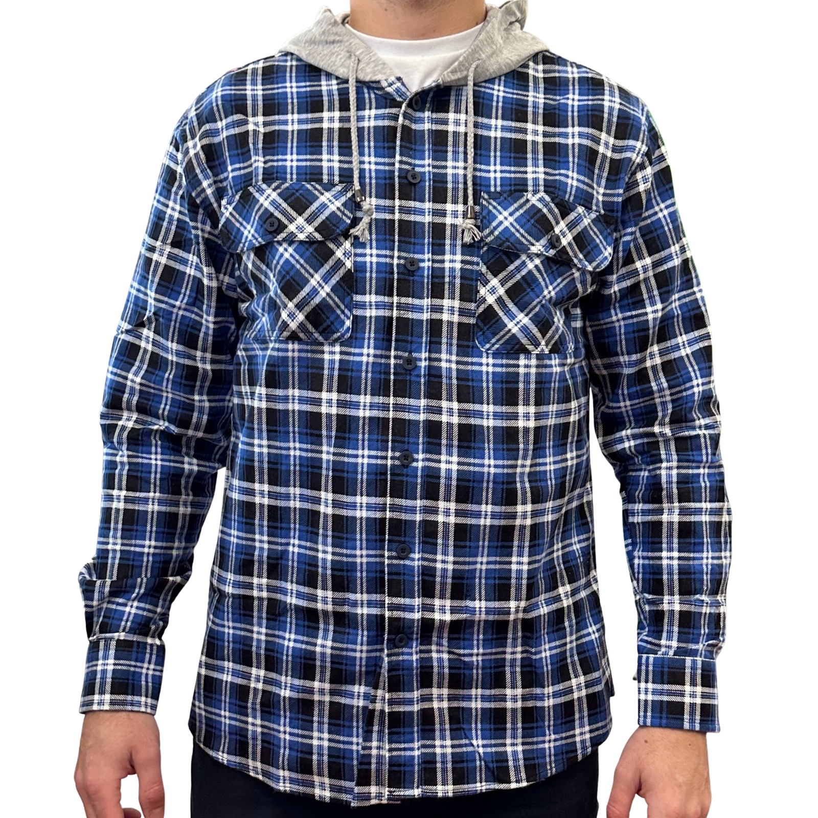 V563-WS47-45-M-202503051825-00 Mens Cotton Flannelette Shirt w Jersey Hood Long Sleeve Flannel - Denim - M - Image 1