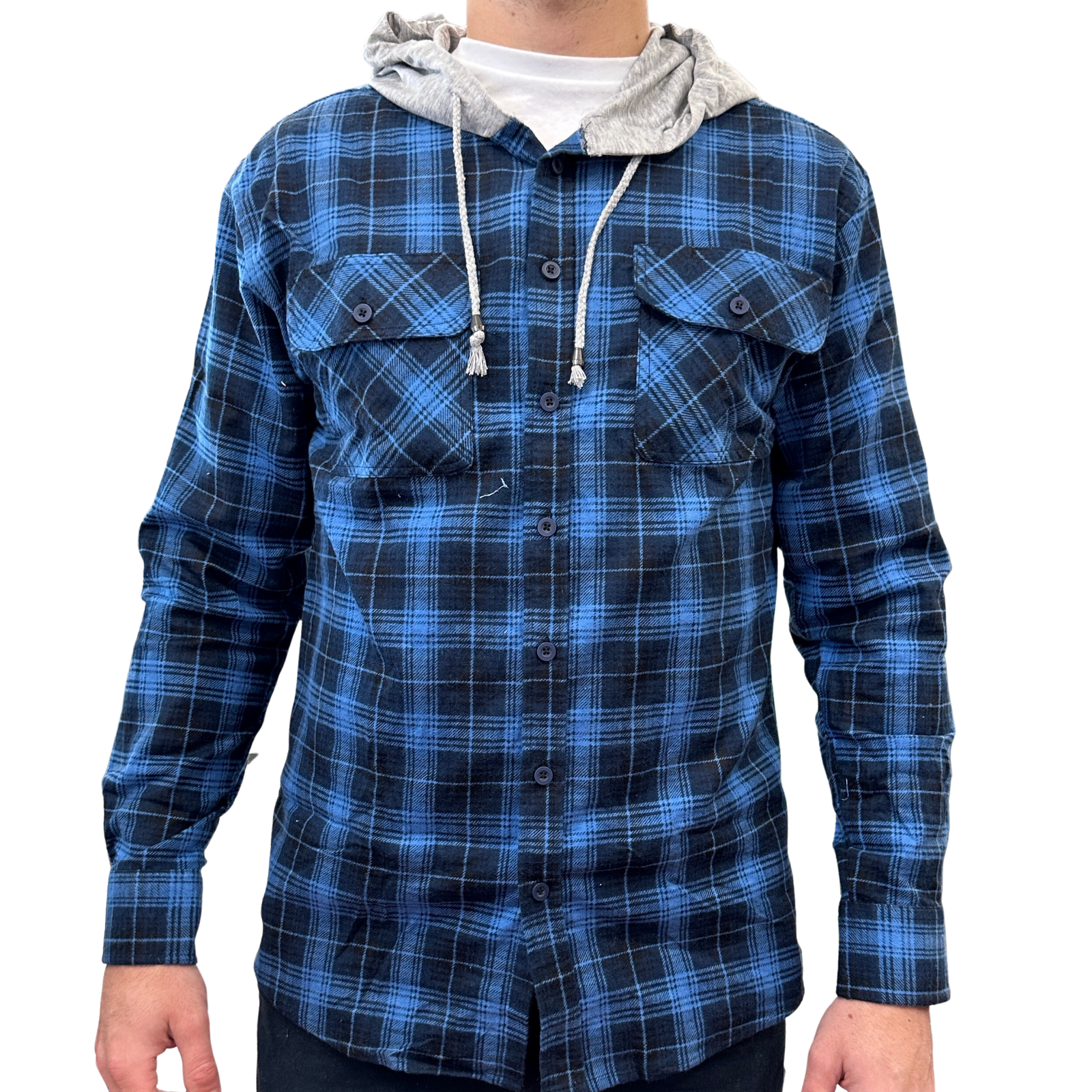 V563-WS47-48-2XL-202503051845-00 Mens Cotton Flannelette Shirt w Jersey Hood Long Sleeve Flannel - Blue - 2XL - Image 1