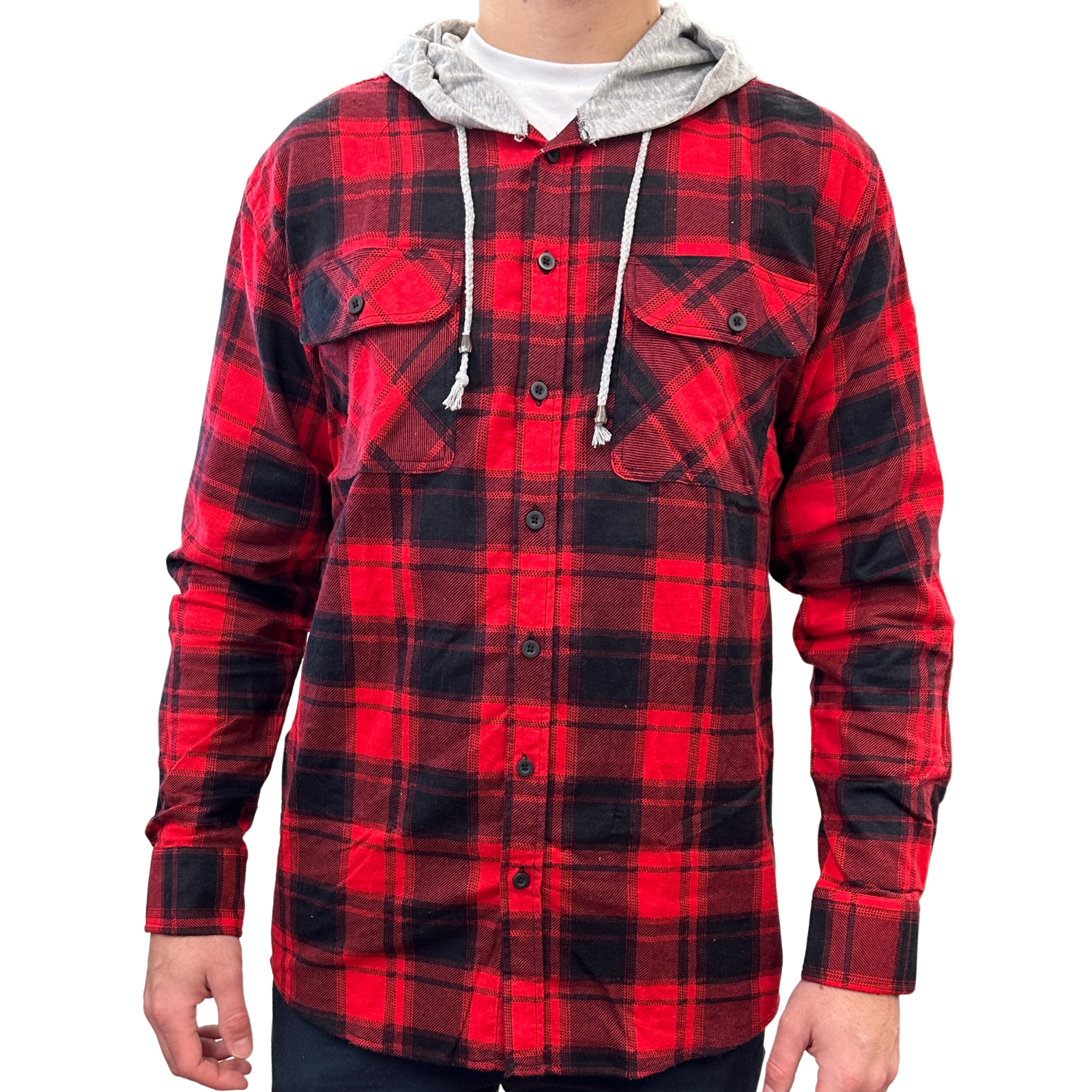 V563-WS47-90-S-202502281323-00 Mens Cotton Flannelette Shirt w Jersey Hood Long Sleeve Flannel - Red - S - Image 1
