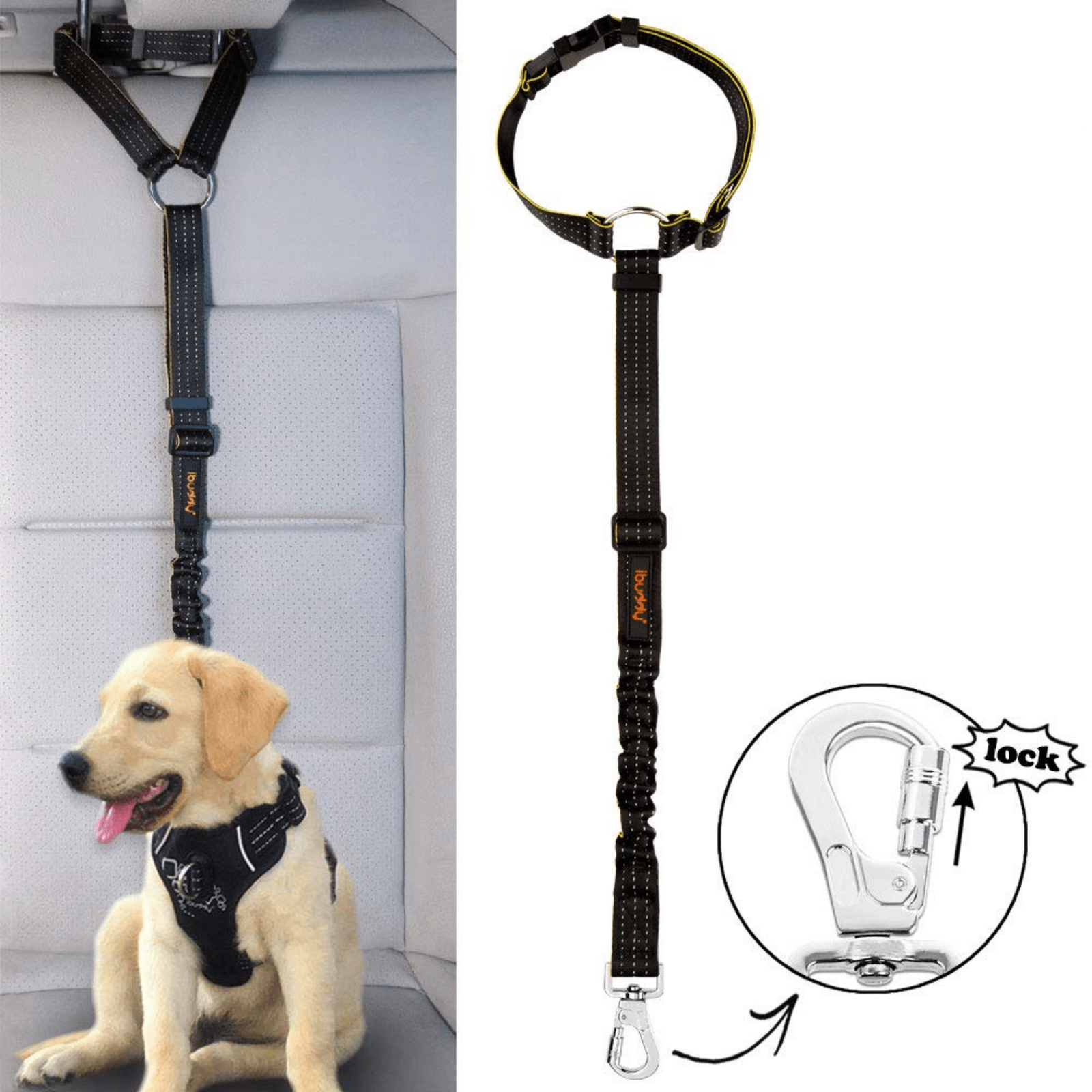 V568-IB-P00037-141136-00 iBuddy Dog Seat Belt for Cars, Headrest Restraint with Locking Carabiner - Image 1