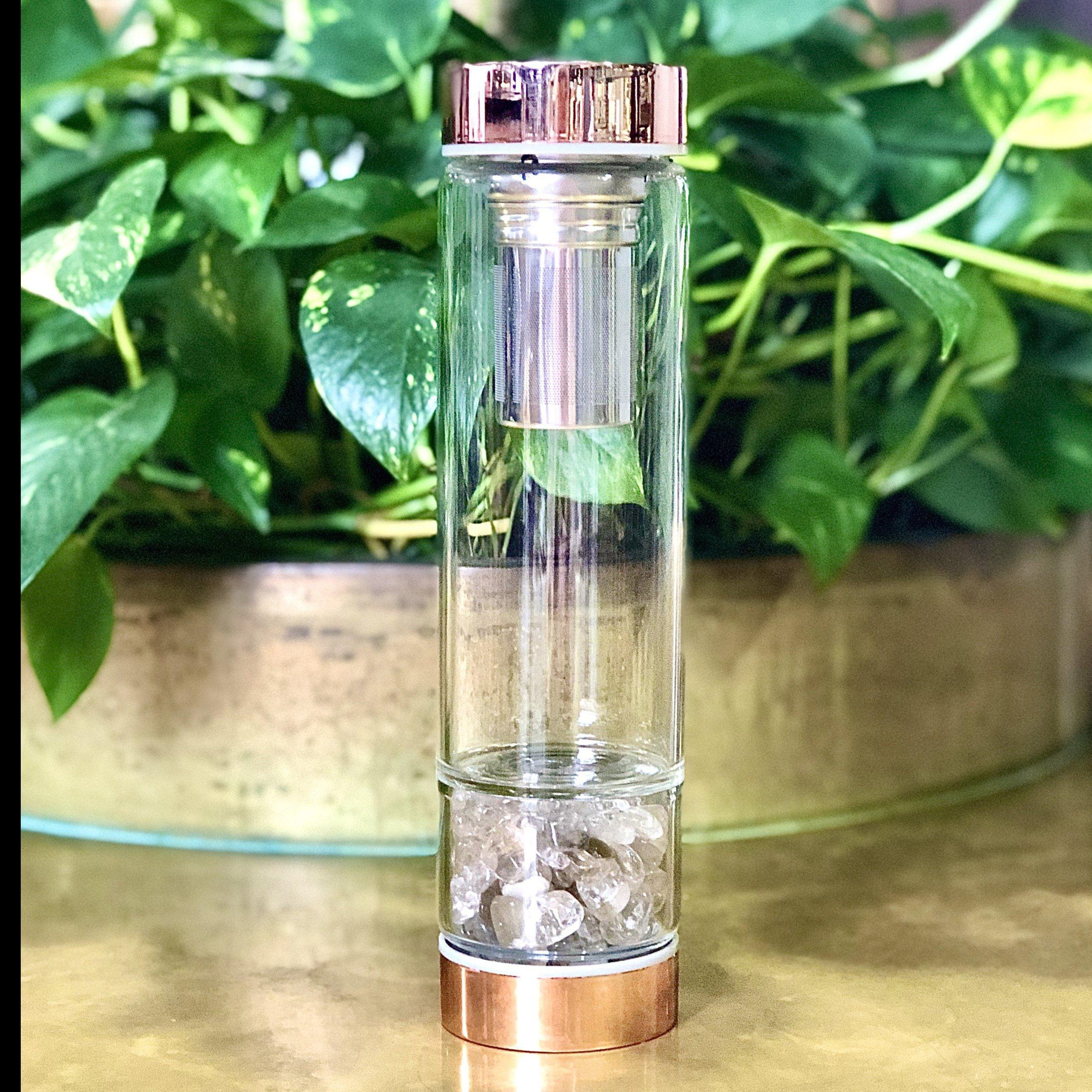 V573-CWBGBRJ-140178-00 Rose Gold Crystal Bottle with Gemstone Base and Tea Infuser - Image 1