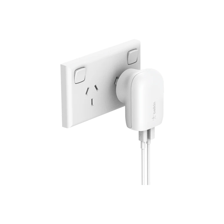 V578-WCB009AUWH-202505231037-00 Belkin Dual PD Wall Charger with PPS - 42W Fast Charging for iPhone & Android, 1x USB-C (30W) & 1x USB-A (12W) - White - Image 1