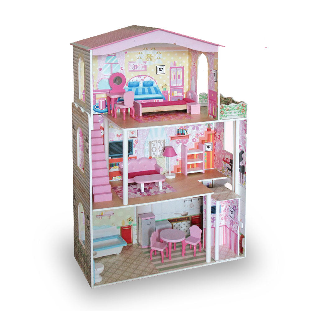 V610-DOLHOU-TX1052-218883-00 Large Wooden Dolls Doll House 3 Level Kids Pretend Play Toys Full Furniture - Image 1