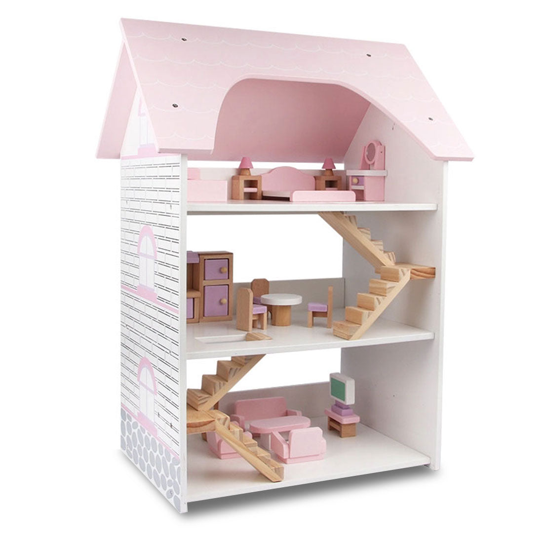 V610-TOY-DOL19004-218811-00 Wooden DIY Dolls Doll House 3 Level Kids Pretend Play Toys Full Furniture Set Pink - Image 1
