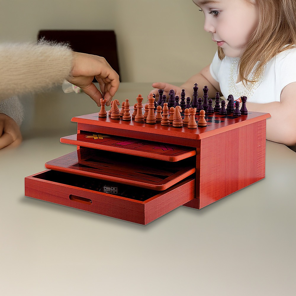 V63-816923-9312-00 10 in 1 Wooden Chess Board Games Slide Out Checkers House Unit Set - Image 1