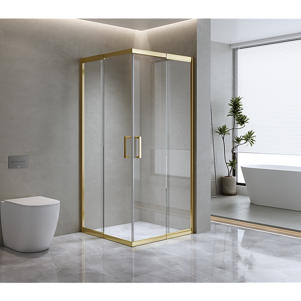 V63-844951-143368-00 Adjustable 900x1000mm Double Sliding Door Glass Shower Screen in Gold - Image 1