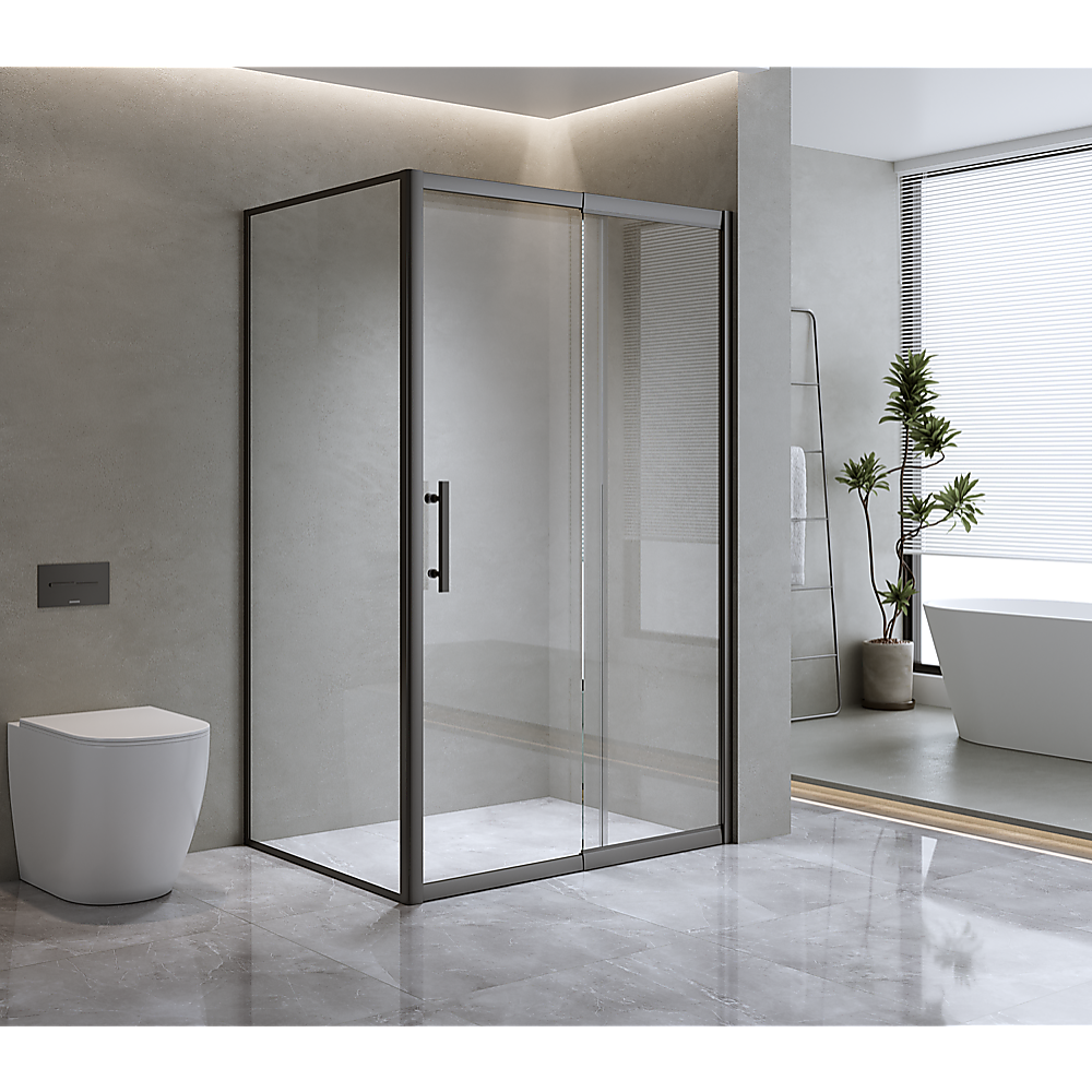 V63-846251-143453-00 Adjustable 1300x800mm Single Door Corner Sliding Glass Shower Screen in Black - Image 1