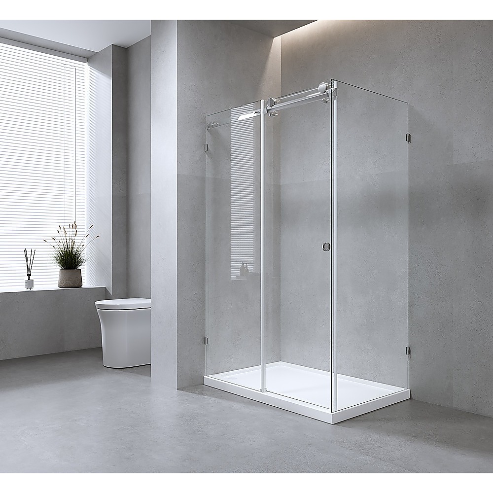 V63-913671-202505281206-00 120x90cm Frameless Glass Sliding Corner Shower with Black Rail and Hardware - Image 1