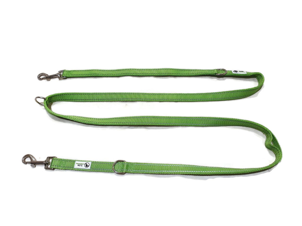 V631-MDPLDMUL25GRN-185924-00 Multi Dog Lead - Nylon w/Reflective Stitching - Double Clip ,Coupler, Waist Belt, Short/Long, Quicktie - Moondidley Pets 25mm Green - Image 1