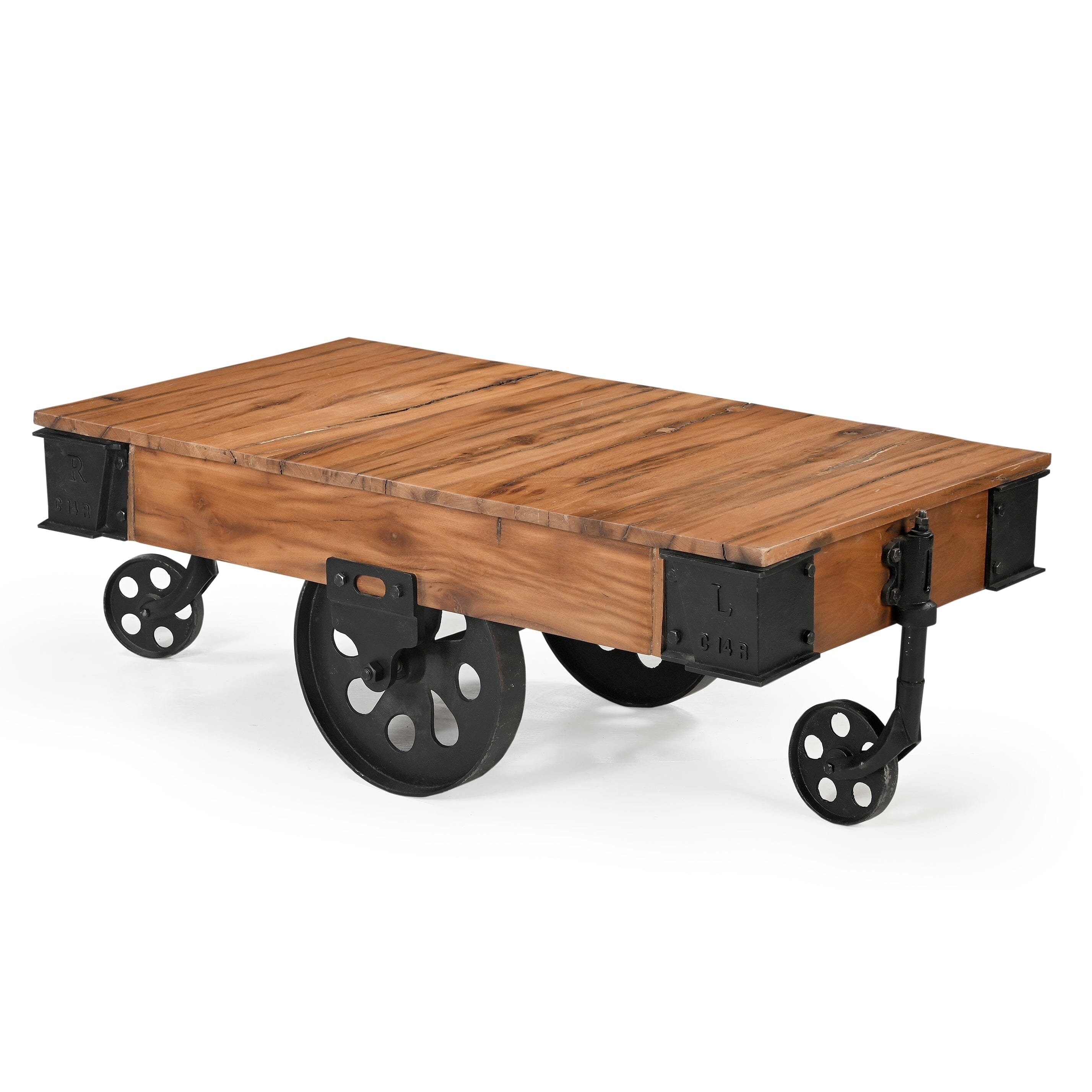 V742-CART-1-212293-00 OLD RAILWAY SLEEPER INDUSTRIAL CART COFFEE TABLE - Image 1