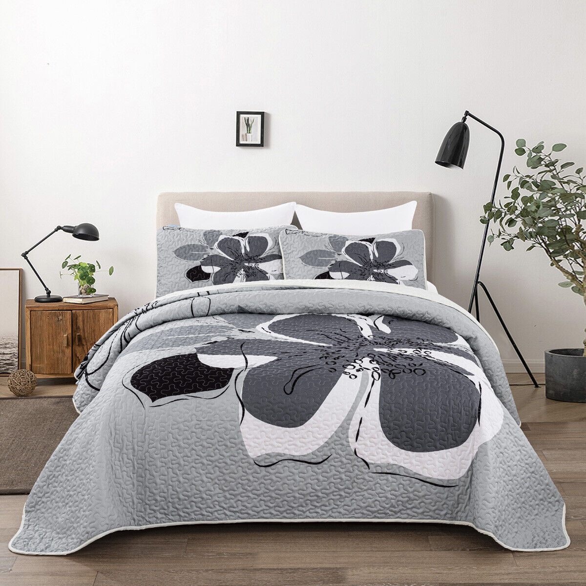 V745-AC080111Q13U-218272-00 Vintage Delicate Grey floaral Pattern 3 Pc Bedspread & Pillow Cover Set - Image 1