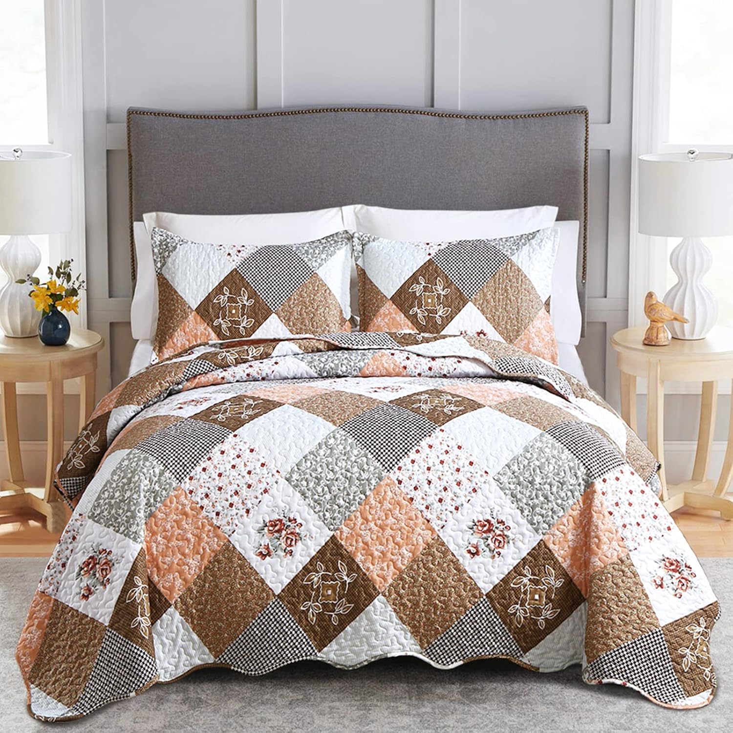 V745-AC090275AH-218228-00 Gleaming rust brown colo patchwork 3 Pc XL Bedspread & Pillow Cover Set - Image 1
