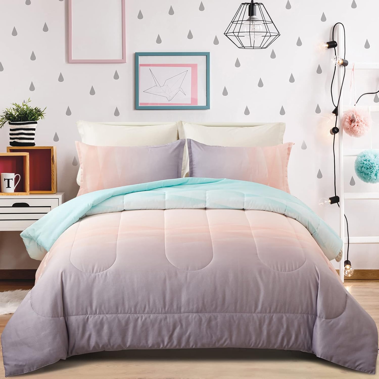 V745-MAB010665AG3-191366-00 Girls Comforter Set, Queen Size, Ombre Blue Pink Rainbow 3-Piece Bedding Collection - Image 1