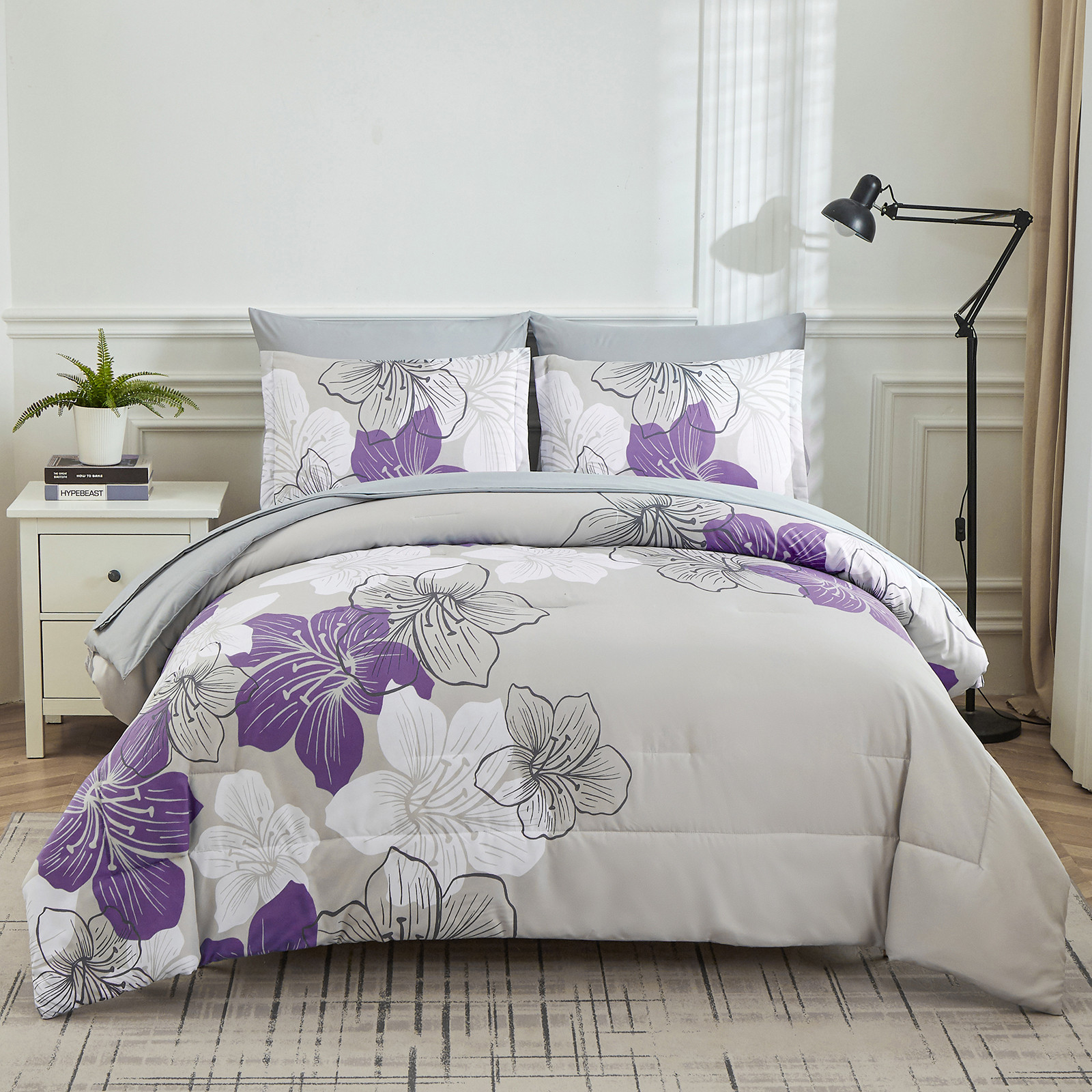 V745-MAB010685AJ3-191326-00 Floral Comforter Set, King Size, Purple Floral 3-Piece Bedding, Lightweight Microfiber - Image 1