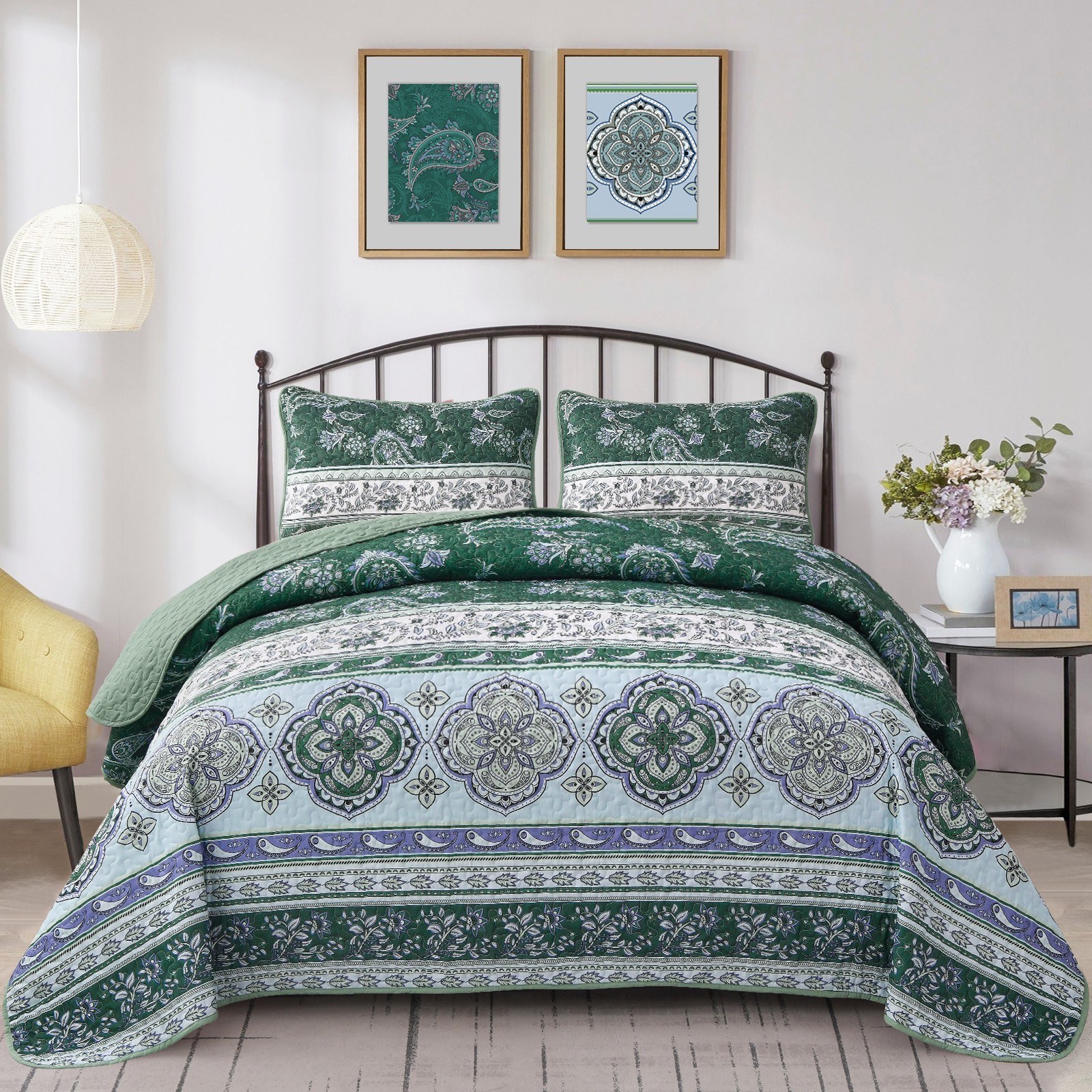 V745-MAC080362Q13U-218261-00 Breezy Tropical green Cozy 3 Pc Bedspread & Pillow Cover Set - Image 1