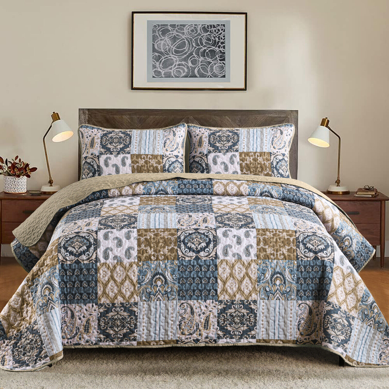 V745-MAC080631Q13U-212305-00 Retro Charm Queen Bedspread Set with Bold Checkered Design - Image 1