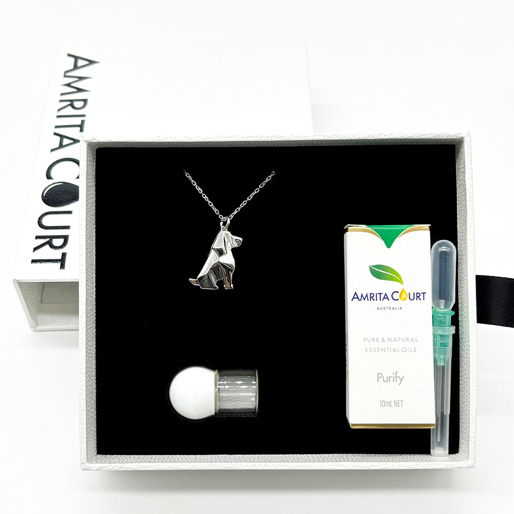 V760-GBAJ-26-195254-10 Gift Box - Dog White Gold Aroma Necklace + Purify Oil Blend - Image 1
