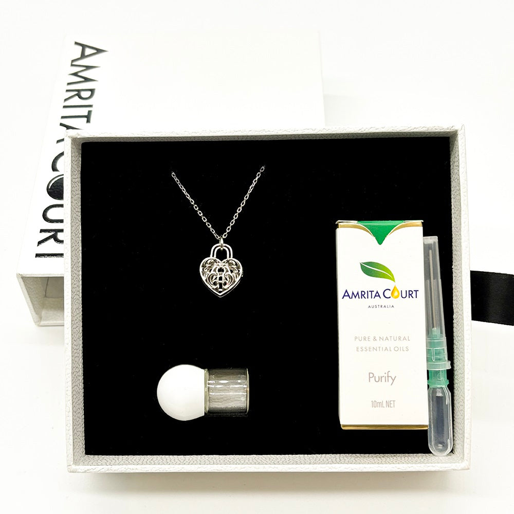 V760-GBAJ-36-195244-10 Gift Box - Heart Lock White Gold Aroma Necklace + Purify Oil Blend - Image 1