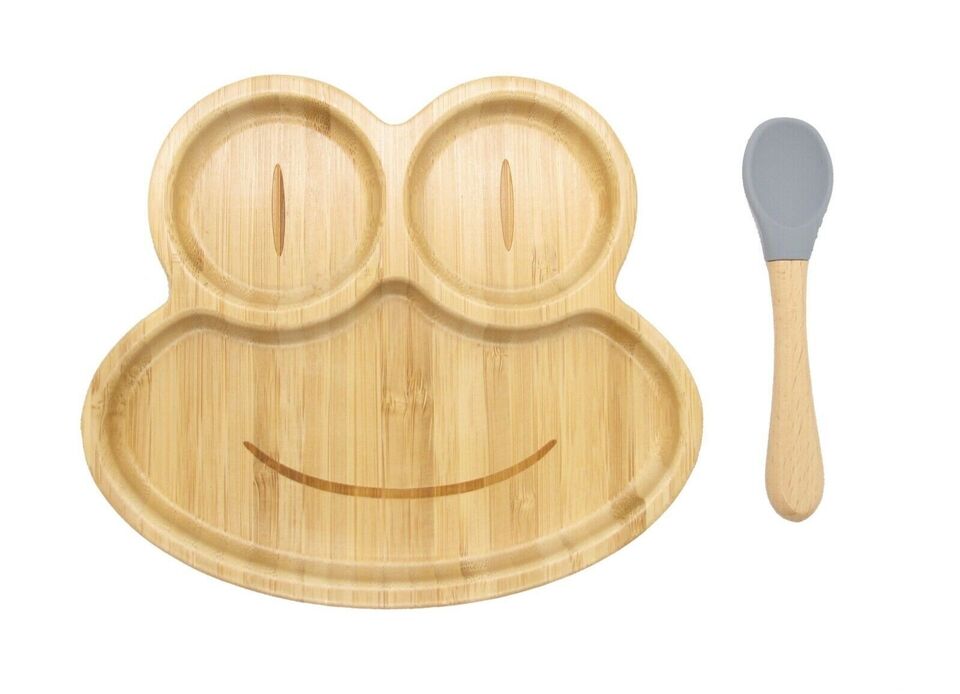 V762-FROGPLATE-191768-00 Bamboo Kids Children Baby Plate Bowl & Silicon Suction Cap Base & Spoon - Frog - Image 1