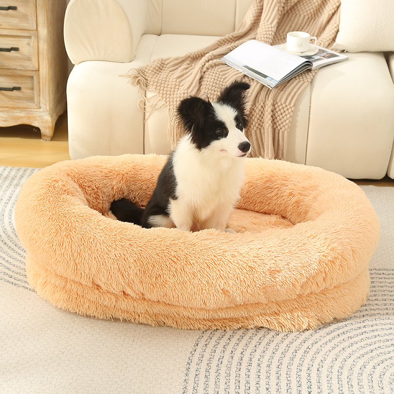 V888-ELOSUNG10242-204369-00 Fluffy Donut-Shaped Pet Bed- Soft, Cozy, and Anti-Anxiety for Dogs and Cats, Machine Washable Apricot Size:S 60*50*18cm - Image 1