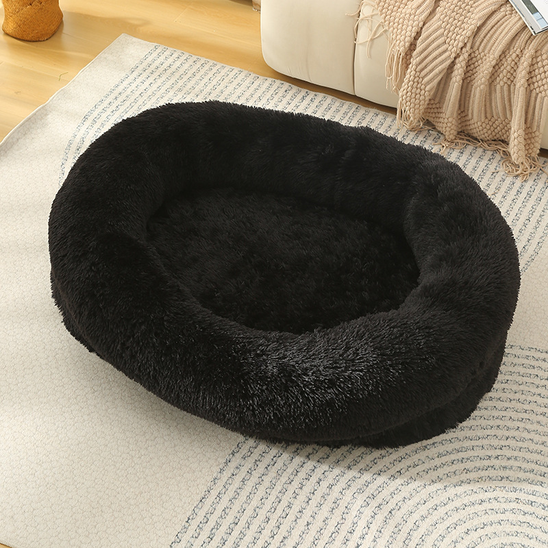 V888-ELOSUNG10256-204353-00 Fluffy Donut-Shaped Pet Bed- Soft, Cozy, and Anti-Anxiety for Dogs and Cats, Machine Washable Black Size:L 90*65*20cm - Image 1