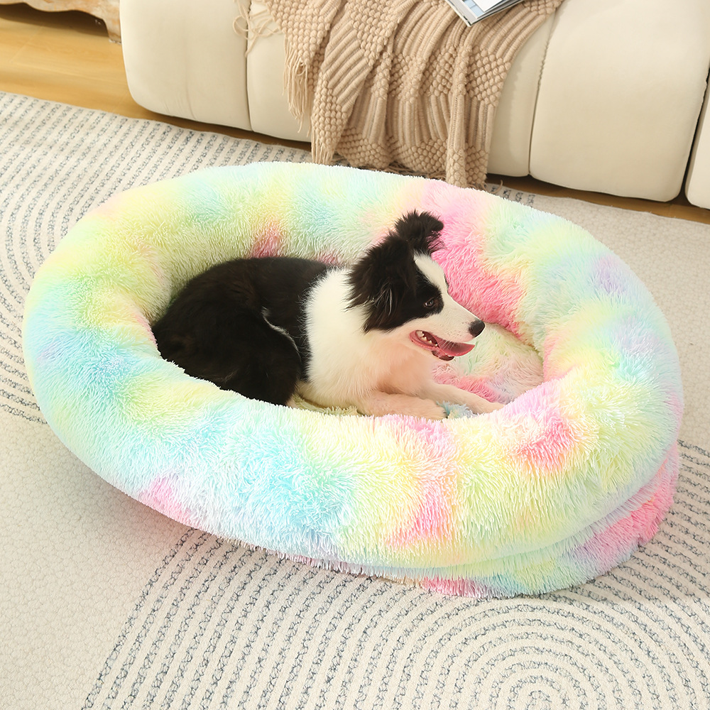 V888-ELOSUNG10262-204396-00 Fluffy Donut-Shaped Pet Bed- Soft, Cozy, and Anti-Anxiety for Dogs and Cats, Machine Washable Rainbow-colored Size:L 90*65*20cm - Image 1
