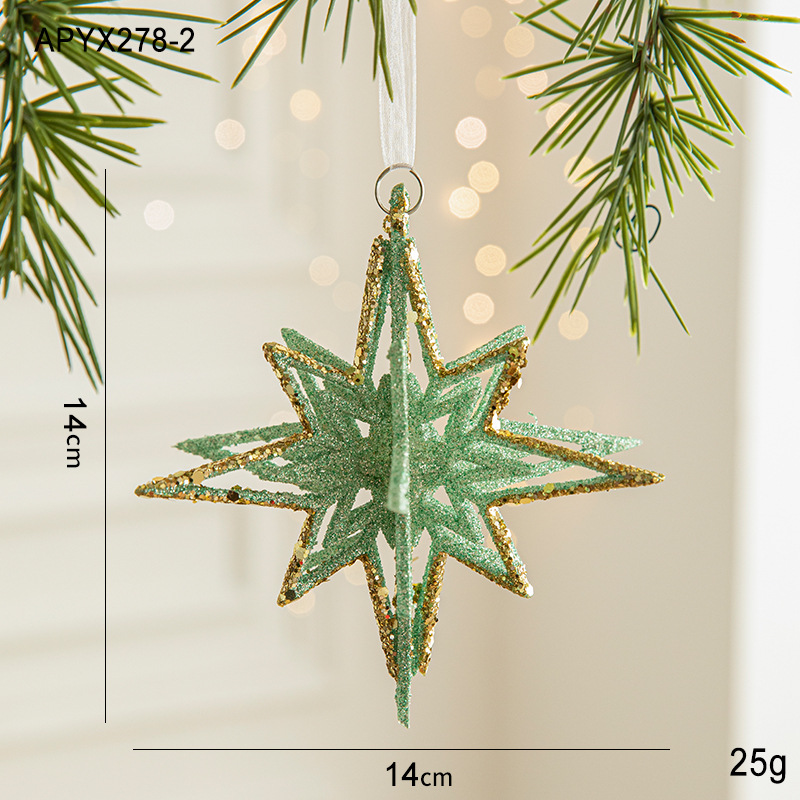 V888-ELOSUNG10505-205340-00 Green Glitter 3D Star Ornament with Gold Accents -Hanging Christmas Decoration 5 pieces - Image 1