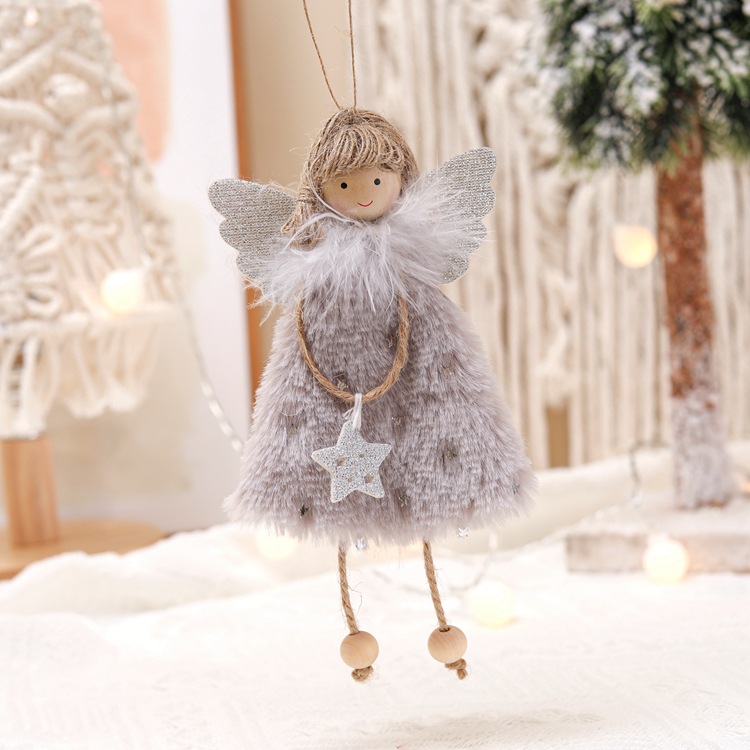 V888-ELOSUNG10546-205561-00 Fluffy Angel Hanging Ornament with Heart and Glitter Wings - Christmas Tree Decoration 16*10 cm Grey(6 pieces) - Image 1