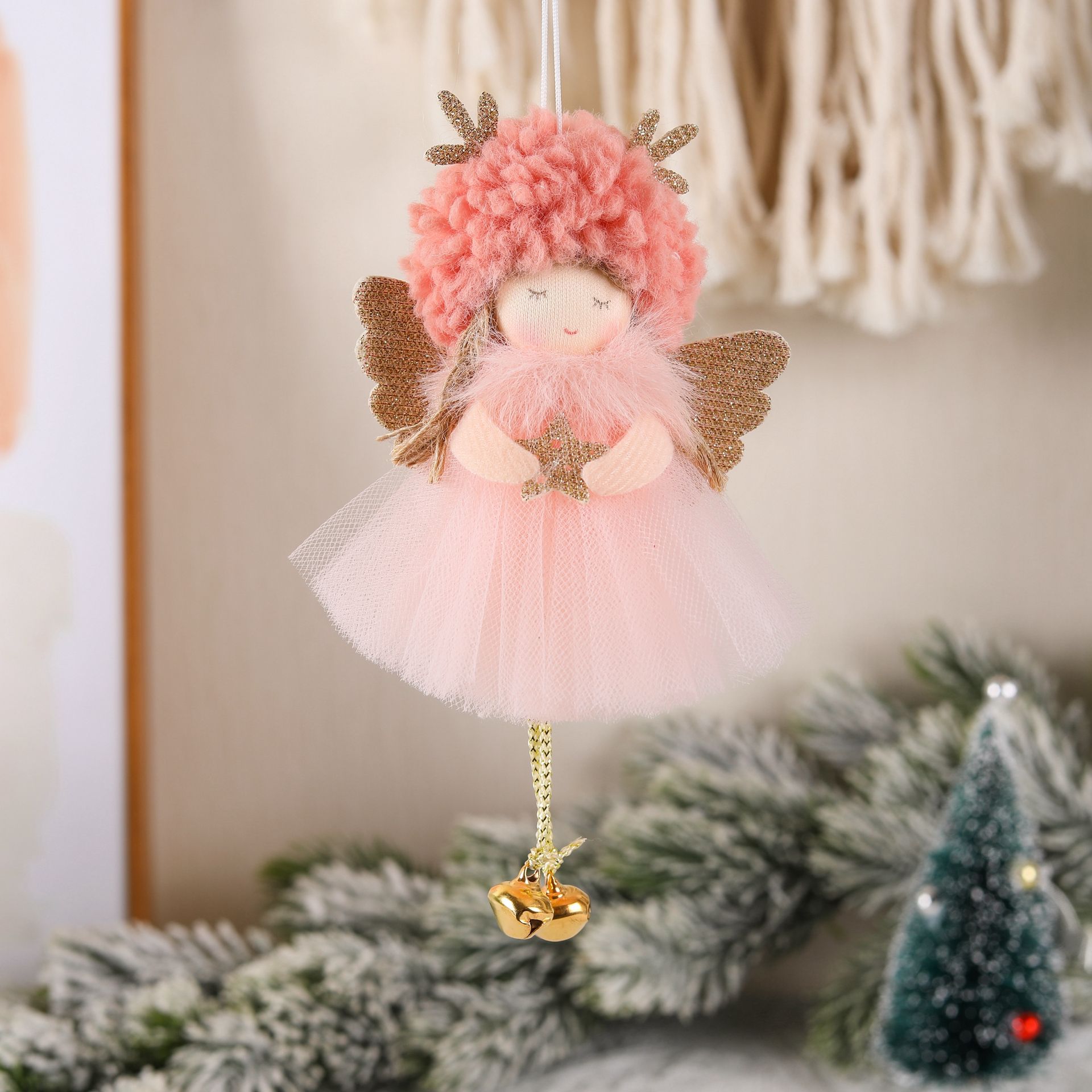 V888-ELOSUNG10551-205563-00 Gold and White Angel Ornament with Bells and Glitter Wings - Christmas Hanging Decoration 16*10*5cm Pink colour (5 pieces) - Image 1