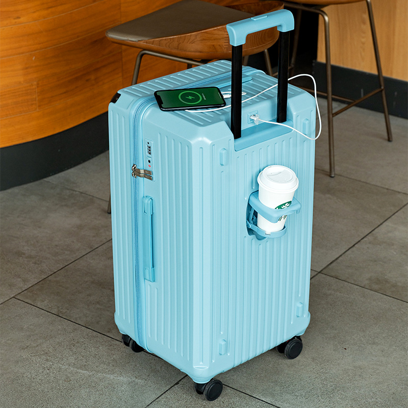 V888-ELOSUNG10830-206390-00 Smart Hard-Shell Luggage with USB Charging Port & Cup Holder - 24"Spinner Suitcase in Blue - Image 1