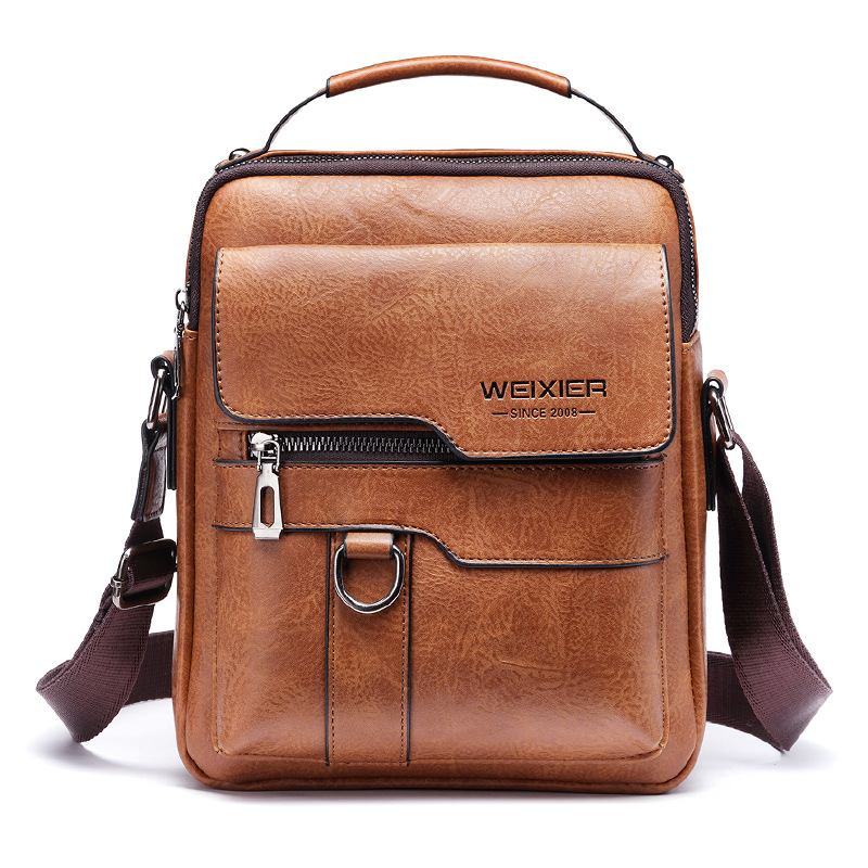 V888-ELOSUNG10859-206262-00 Men's Vintage Leather Shoulder Bag - Multi-Compartment Crossbody Messenger Bag 22cm(L)*8cm(W)*26cm(H)(Light brown) - Image 1