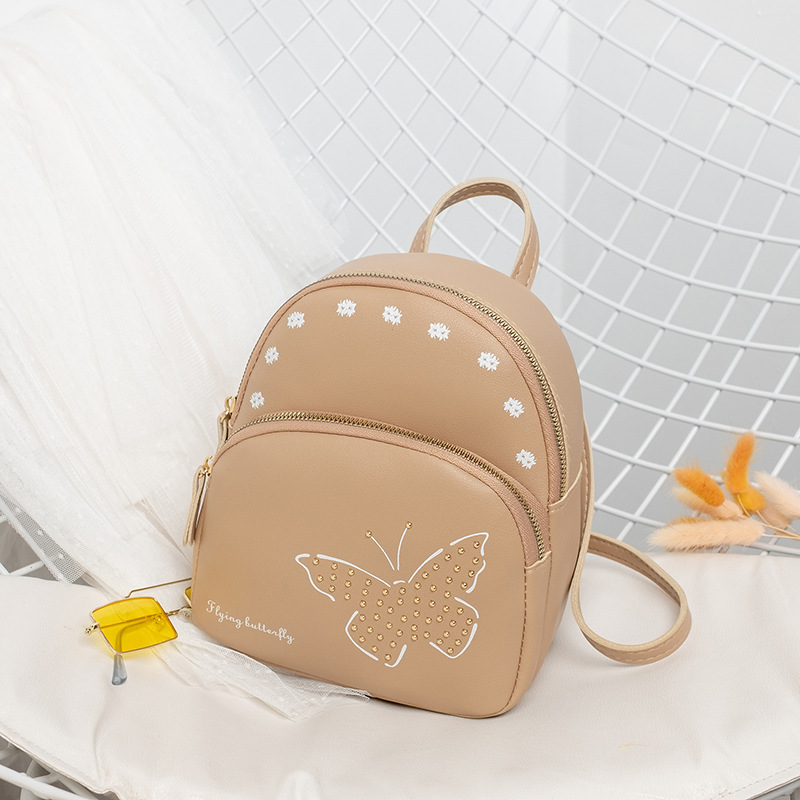 V888-ELOSUNG11018-206409-00 Mini Faux Leather Backpack with Butterfly Design -Khaki Cute Backpack for Girls - Image 1