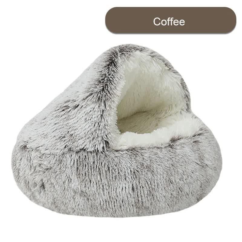V888-ELOSUNG11038-206420-00 Cozy Coffee Plush Hooded Pet Bed - Ultra Soft Long Fur Cave Bed for Small Pets 40cm - Image 1
