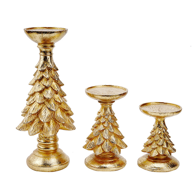 V888-ELOSUNG11081-206459-00 Set of 3 Gold Christmas Tree Candle Holders - Festive Resin Pillar Stands, Elegant Holiday Decor - Image 1