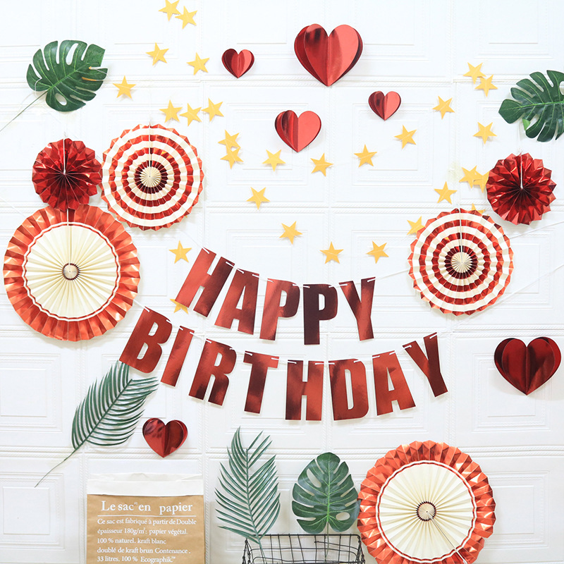 V888-ELOSUNG11213-208641-00 Happy Birthday Party Decoration Set - Fan Decorations, Hearts, Stars & Banner - Image 1