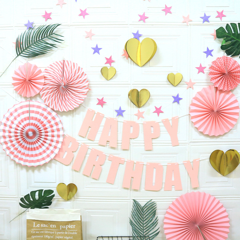 V888-ELOSUNG11216-208644-00 Happy Birthday Party Decoration Set - Fan Decorations, Hearts, Stars & Banner - Image 1