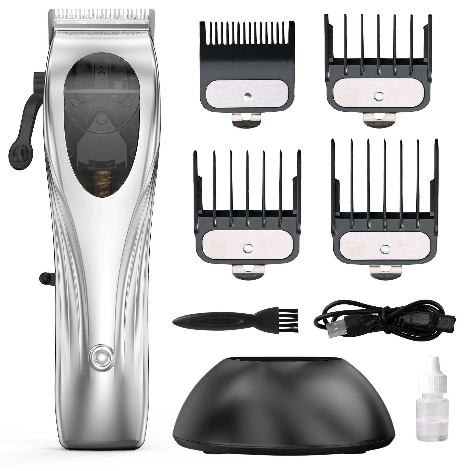 V888-ELOSUNG11345-209307-00 WL-1670 Silver Professional Hair Clipper Set with Adjustable Guards - USB Rechargeable Trimmer with Charging Dock - Image 1