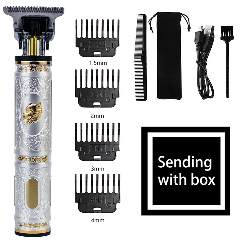 V888-ELOSUNG11349-209311-00 Wolf Emblem Vintage Cordless Hair Trimmer - Professional Grooming Kit with Adjustable Guards, USB Charging, and Accessories - Image 1