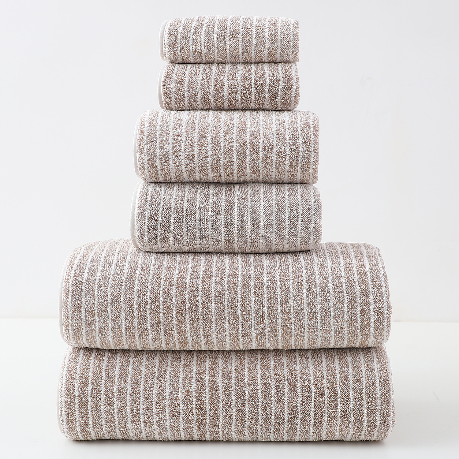V888-ELOSUNG11391-209362-00 Luxury Cotton Striped Towel Set - 6 Piece Set (2 Hand Towels, 2 Bath Towels, 2 Washcloths), Ultra Soft and Absorbent (Brown) - Image 1