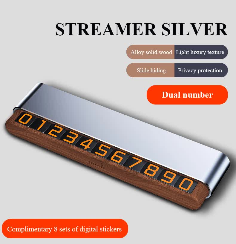 V888-ELOSUNG11669-209670-00 Silver Dual-Number Alloy and Wood Temporary Parking Card - Sliding Privacy Design, Includes 8 Number Sets - Image 1