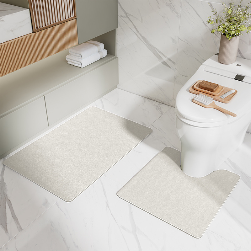 V888-ELOSUNG11786-209899-00 Beige Bathroom Floor Mat Set - U-Shaped Toilet Mat 50*50cm & Rectangular 50x80cm Mat for Bathroom - Image 1