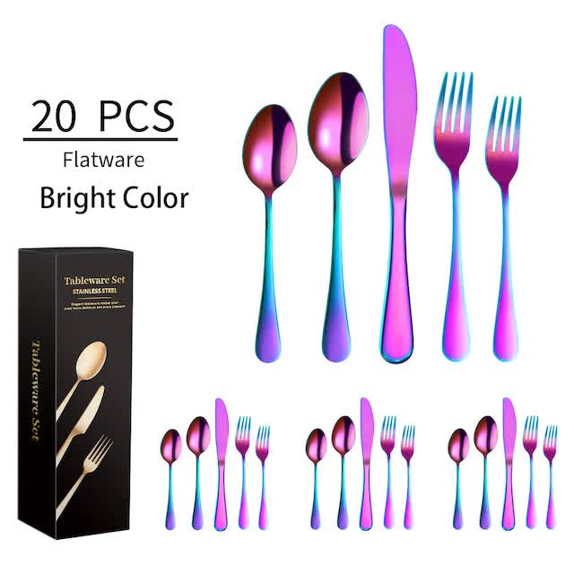 V888-ELOSUNG11943-210652-00 Bright color 410 Stainless Steel Cutlery Set - Western Steak Knife, Fork & Spoon Set, 4 Set/20-Piece Dinnerware Set - Image 1
